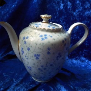Könnte beinhalten: Weiße Porzellan-Teekanne mit blauem Blumenmuster und goldenen Verzierungen. Die Teekanne hat einen gebogenen Ausguss, einen abgerundeten Griff und einen Deckel. Das Blumenmuster zeigt kleine blaue Blüten und grüne Ranken.