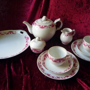 Può includere: Un servizio da tè vintage bianco con un delicato motivo floreale rosa. Il set comprende una teiera, una lattiera, una zuccheriera, un vassoio da portata e tazze con piattini. Il set è esposto su una superficie bordeaux.