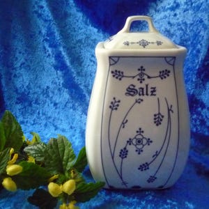 Può includere: Saliera in ceramica bianca con coperchio, con disegni floreali e geometrici blu. La parola "Salz" è scritta in un carattere decorativo. Il barattolo è posto su uno sfondo blu, con fiori gialli in primo piano.