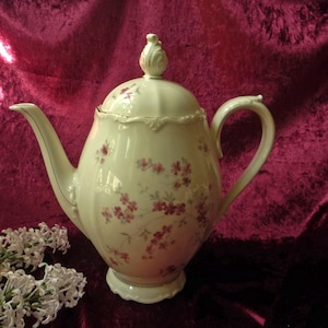 May include: A cream-colored porcelain teapot featuring a delicate floral pattern with small pink blossoms and green stems. The teapot has a curved handle, a long spout, and a removable lid with a decorative finial, all finished with gold trim.