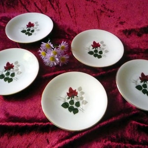 Può includere: Cinque piatti bianchi con bordo dorato, ognuno con un design di rosa rossa e foglie verdi. I piatti sono disposti su una superficie di velluto rosso scuro, con un piccolo bouquet di fiori viola. Un classico set di stoviglie.