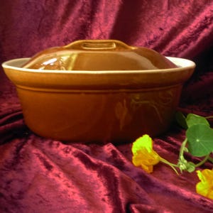 Op de afbeelding: Een bruine keramische ovenschaal met deksel, tegen een dieprode fluwelen achtergrond. De schaal heeft een witte rand en een handvat op het deksel. Gele bloemen en groene bladeren staan op de voorgrond.