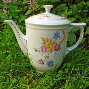 Puede incluir: Tetera de cerámica color crema con tapa, adornada con motivos florales en rosa, amarillo y azul. La tetera tiene un pico curvo y un asa, sobre un fondo de hierba verde y follaje.