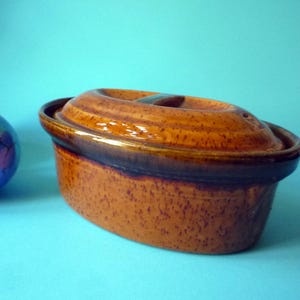 May include: A brown ceramic casserole dish with a lid. The dish has a speckled texture and a dark brown band around the middle. The lid has a handle. The background is a solid teal color.
