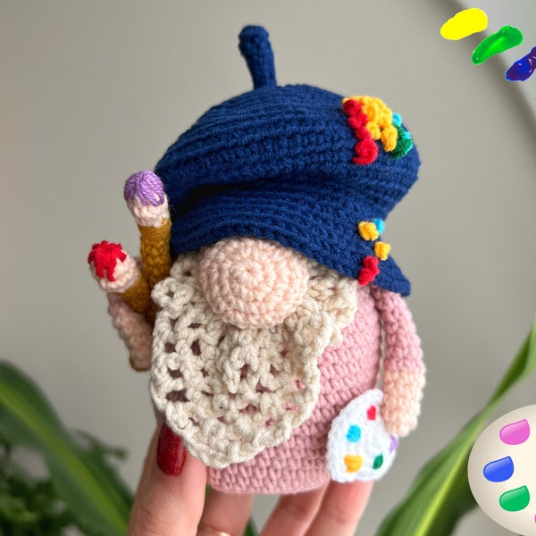 Patrón de crochet de gnomo artista en PDF / Amigurumi de gnomo pintor / Paleta y pinceles de crochet / Regalo DIY para amantes del arte / Descarga instantánea