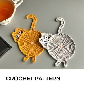 Cat coaster crochet pattern PDF Crochet cat drink coaster pattern Fat cat cup coaster Table home decor Peeking Cat Butt pattern Fun Cat