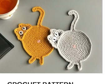 Cat coaster crochet pattern PDF Crochet cat drink coaster pattern Fat cat cup coaster Table home decor Peeking Cat Butt pattern Fun Cat