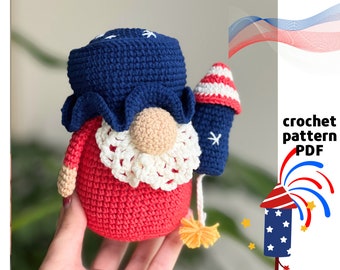 Crochet 4th of July Firecracker gnome pattern PDF Patriotic USA gnome pattern Firework amigurumi pattern American patriotic gnome
