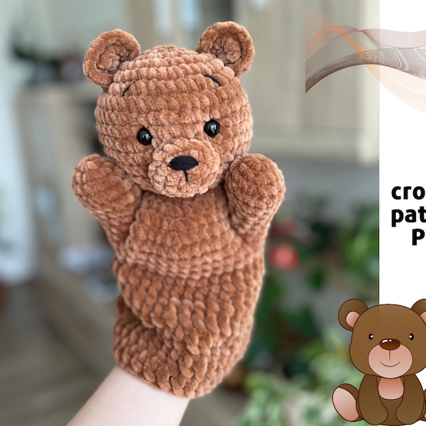 Crochet Bear hand puppet pattern PDF Crochet wild animals patterns Amigurumi hand puppets Easy crochet toys for puppet show Bear amigurumi