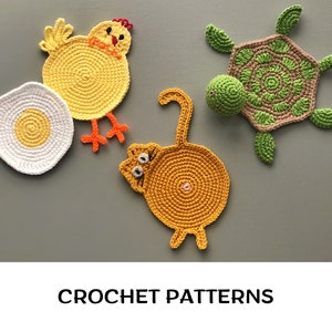 Animal coasters crochet patterns set PDF Crochet turtle coaster pattern Chicken cup coaster Cat Butt pattern Eggs coasters Crochet coasters