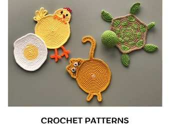 Dessous de verres animaux motifs au crochet set PDF Crochet motif de sous-verre de tortue Dessous de verre de tasse de poulet Motif de fesses de chat Sous-verres d'oeufs Dessous de verre au crochet