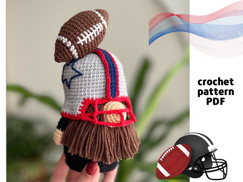 May include: Crocheted football gnome amigurumi pattern in PDF format. The gnome is wearing a grey and red football helmet with a blue and red star on the side. The gnome is holding a brown and white crocheted football.