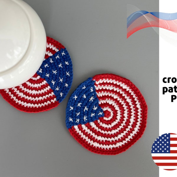 Crochet 4th of July Coaster pattern PDF USA flag crochet coaster pattern American patriotic coaster Independence day crochet decor