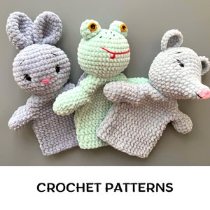 Crochet animals hand puppets patterns set 3 in 1 Amigurumi field animals patterns Toys for puppet show Crochet Frog Bunny Mouse toy patterns