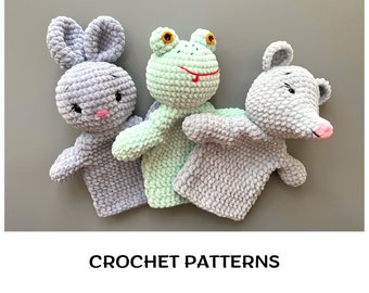 Crochet animals hand puppets patterns set 3 in 1 Amigurumi field animals patterns Toys for puppet show Crochet Frog Bunny Mouse toy patterns