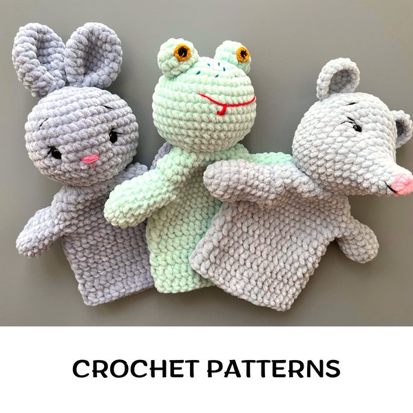 Crochet animals hand puppets patterns set 3 in 1 Amigurumi field animals patterns Toys for puppet show Crochet Frog Bunny Mouse toy patterns