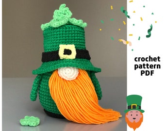 May include: Crochet pattern PDF for a green leprechaun gnome with an orange beard and a green hat. The pattern includes instructions for crocheting the gnome's hat, beard, and body.