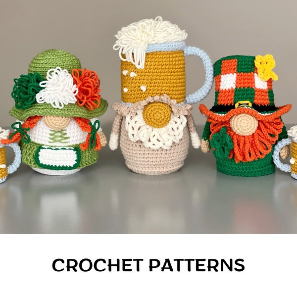 Ensemble de modèles de gnomes de la Saint-Patrick Modèle de chope de bière au crochet Modèle d'amigurumi de lutin Modèle de poupée au crochet de Patrick Modèle de drapeau irlandais