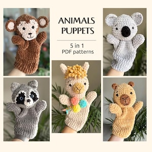 May include: A collection of five crochet hand puppets featuring a monkey, koala, raccoon, llama, and bear. The text ANIMALS PUPPETS 5 in 1 PDF patterns is centered. Each puppet is made of soft, textured yarn with embroidered facial details.