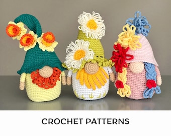 Patron de crochet de gnome de fleurs PDF Nains de jardin de printemps Nains de fleurs de Pâques au crochet Motif de gnome de jonquilles Motif de marguerite au crochet