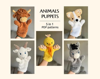 Bauernhof Tiere Häkeln Handpuppen Muster PDF | Highland Kuh | Hund l Amigurumi Küken | Ziege Muster | Esel Amigurumi