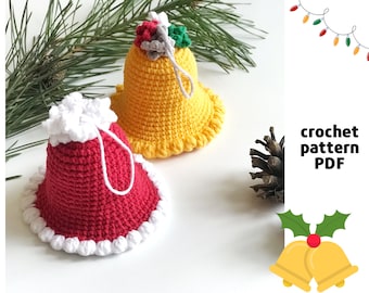 May include: Crochet pattern PDF for making two Christmas bells, one red and one yellow, with white trim. The bells are shown on a white background with pine branches and a pine cone.