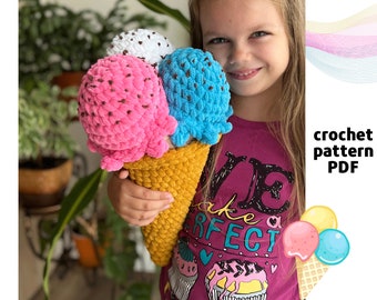 Giant crochet ice cream cone pattern PDF Ice cream plush pillow amigurumi Jumbo ice cream crochet pattern Pink ice cream blue