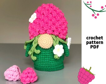 Crochet Raspberry Gnome pattern PDF Instant download pattern Fruit Gnome Summer Berry pattern Flowers dwarfs Farmhouse decoration