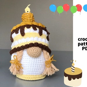Birthday cake crochet gnome pattern PDF Crochet cake gnome Celebration Amigurumi gnome with candle Crochet sweet gnome