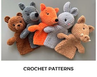 Crochet animals hand puppets patterns set 5 in 1 Toys for puppet show Amigurumi forest animals patterns Toys glove patterns Fox Wolf Bear