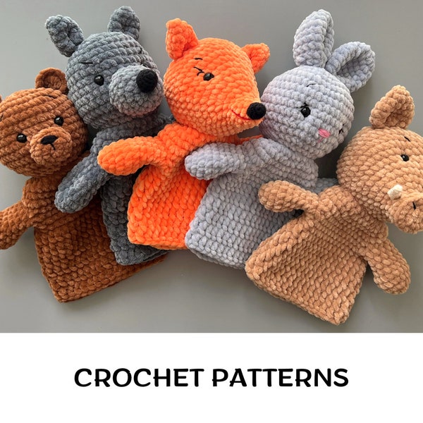 Crochet animals hand puppets patterns set 5 in 1 Toys for puppet show Amigurumi forest animals patterns Toys glove patterns Fox Wolf Bear