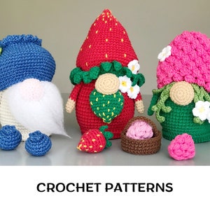 Crochet Garden Gnomes Patterns PDF – Raspberry Gnome, Strawberry Gnome, Blueberry Gnome | Summer Berries Gnomes | Scandinavian Dwarfs