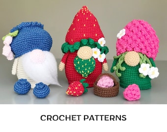 Crochet Garden Gnomes Patterns PDF – Raspberry Gnome, Strawberry Gnome, Blueberry Gnome | Summer Berries Gnomes | Scandinavian Dwarfs