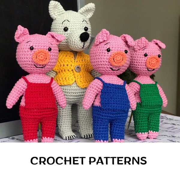 Modèle de loup et trois cochons PDF Modèle de peluche loup au crochet Modèle de trois porcelets au crochet