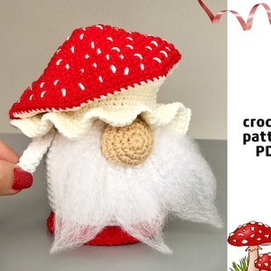 Paddestoel Gnome haakpatroon PDF Amigurumi Paddestoelpatroon Gehaakte paddestoel Scandinavische dwergpatroon Noordse rode kabouter Home decor
