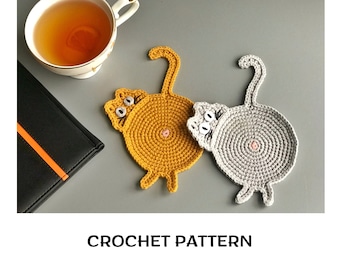 Cat coaster crochet pattern PDF Crochet cat drink coaster pattern Fat cat cup coaster Table home decor Peeking Cat Butt pattern Fun Cat