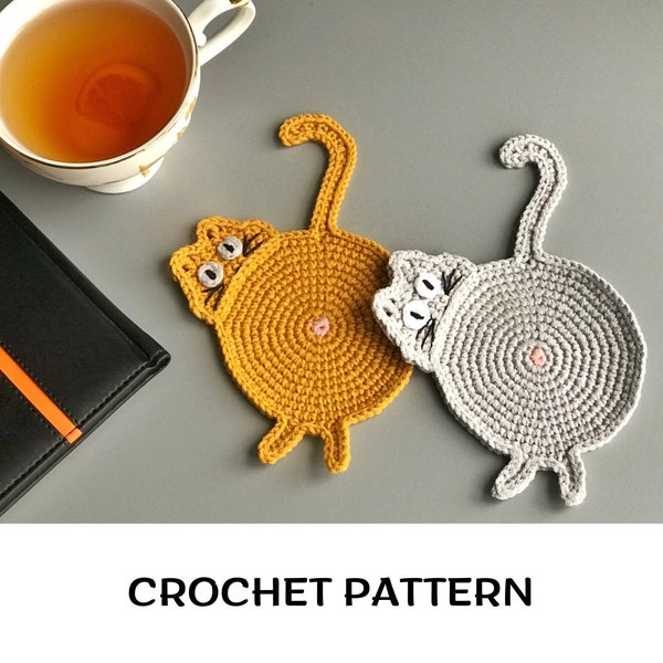 Cat coaster crochet pattern PDF Crochet cat drink coaster pattern Fat cat cup coaster Table home decor Peeking Cat Butt pattern Fun Cat