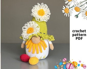 Daisy gnome crochet pattern PDF Spring garden gnome Easter flowers crochet gnome Chamomile gnome pattern Amigurumi daisy pattern