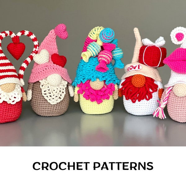 Crochet Valentine's Day love gnomes 5 in 1 patterns bundle Crochet Valentine amigurumi love gnome patterns Valentines Day sweet gnomes