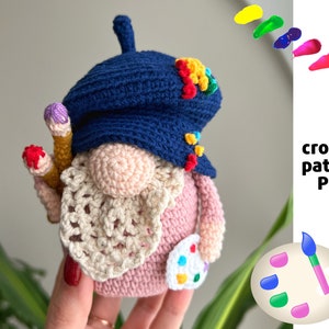 Schema uncinetto gnomo artista PDF / Amigurumi gnomo pittore / Tavolozza e pennelli all'uncinetto / Regalo fai da te per gli amanti dell'arte / Download immediato