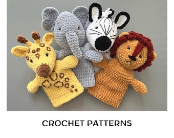 Crochet safari hand puppets patterns set PDF African animals pattern Amigurumi savanna toys Crochet lion pattern Elephant Giraffe Zebra