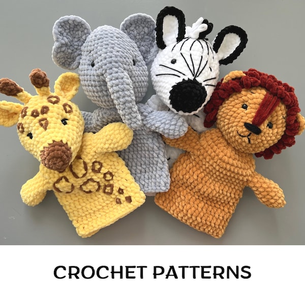 Crochet safari hand puppets patterns set PDF African animals pattern Amigurumi savanna toys Crochet lion pattern Elephant Giraffe Zebra