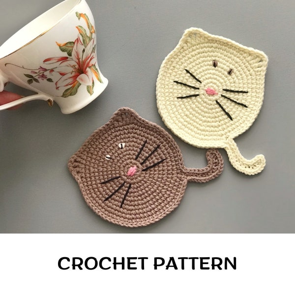 Crochet cat coasters pattern PDF Funny cats coasters Drink animal coaster pattern Fat cat cup coaster Table home decor Amigurumi cat pattern