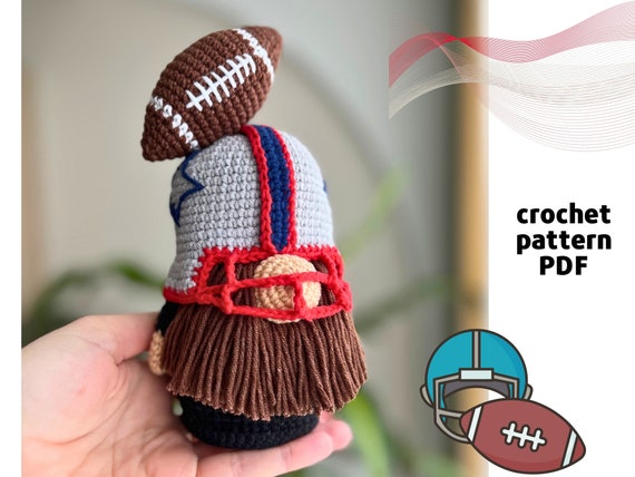 Crochet American football gnome pattern PDF Amigurumi rugby player gnome American football crochet ball pattern Crochet rugby pattern Sport