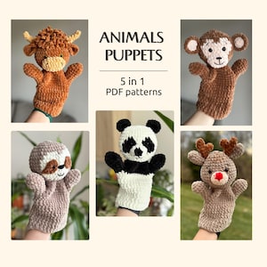 Crochet hand puppets patterns PDF Panda Monkey Highland Cow Reindeer Sloth Amigurumi puppets bundle Crochet toys patterns
