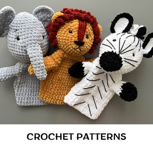 Crochet safari hand puppets patterns set PDF African animals pattern Amigurumi savanna toys Crochet lion pattern Elephant Giraffe Zebra image 10