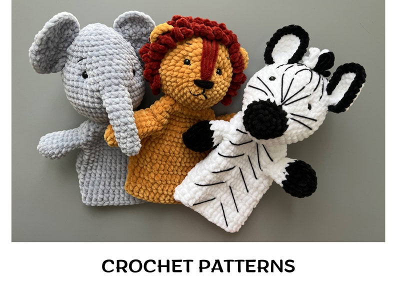 Crochet safari hand puppets patterns set PDF African animals pattern Amigurumi savanna toys Crochet lion pattern Elephant Giraffe Zebra image 10