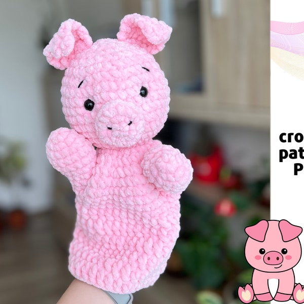 Crochet Pig hand puppet pattern PDF Simply crochet toys for puppet show Amigurumi animals hand puppets Piggy crochet pattern Pig toy pattern