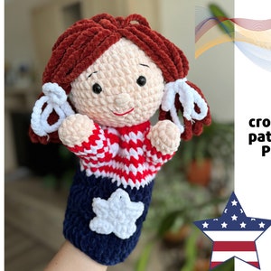 Crochet Girl hand puppet pattern PDF | Patriotic doll | American crochet | Girl crochet doll | Crochet patterns 4th of july | USA crochet