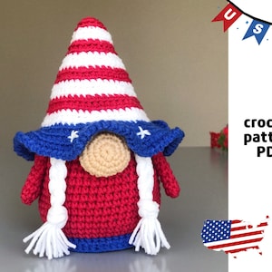 Patriotic gnome crochet pattern PDF Independence Day USA Amigurumi gnome pattern Fourth of July pattern American home decor